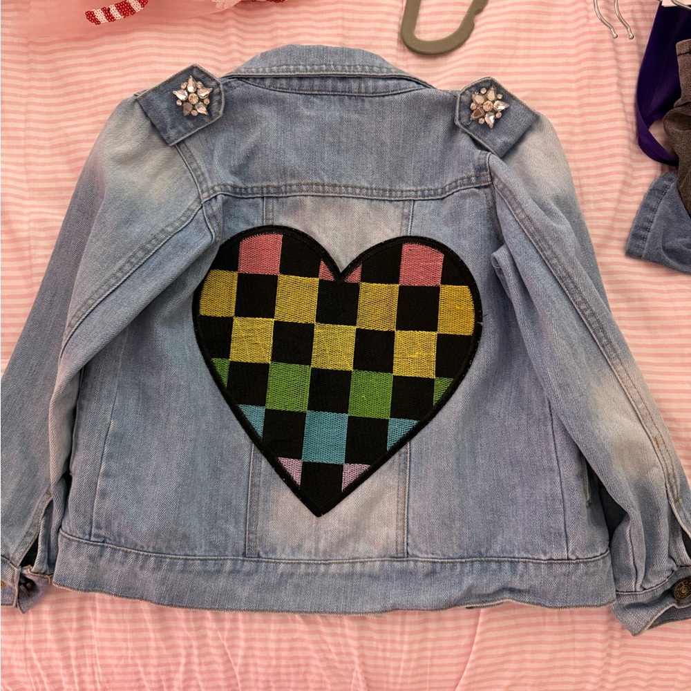 Denim Jacket with Checkered Heart Patch